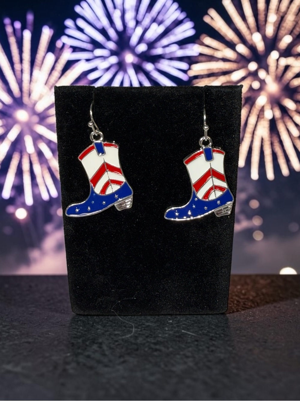 Patriotic Cowboy Boot Dangle Earrings 
- Red, White & Blue